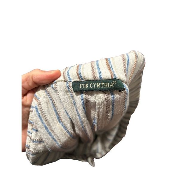 For Cynthia Linen Blend White Blue Tan Striped Pants Large Drawstring Pockets - Picture 6 of 10